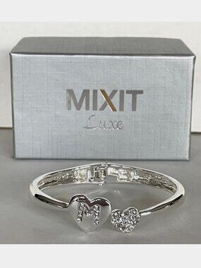 NEW IN BOX! MIXIT LUXE LETTER M INITIAL RHINESTONES SILVER HEARTS HINGE BRACELET